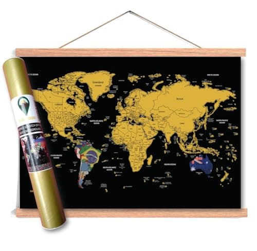 Image of Global Walkabout Scratch Off Map with Flags Background and Wooden Poster Frame Mount in Tube – Deluxe Travel Size World Map Poster with Frame and Leather Strap – Travel Gift (Black)