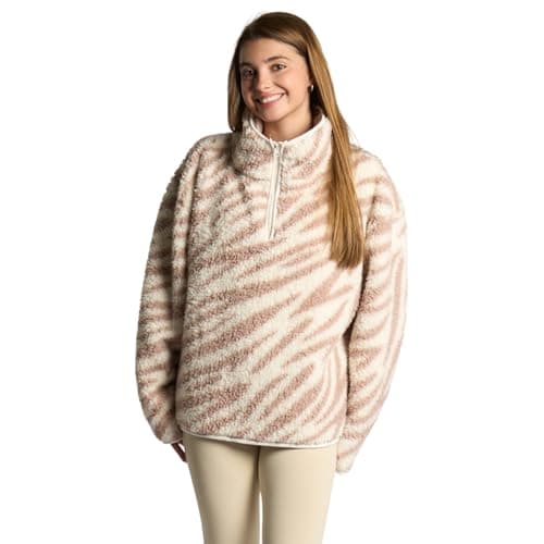 Image of OHS Half Zip Fleece Women, Zebra Print Teddy Fleece Jacket Winter Clothes for Women Soft Warm Cosy Ladies Sweatshirt Top Casual Long Sleeve Pullover for Travel Hiking, Beige - L/XL