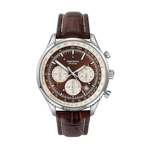 Image of Sekonda Maverick Mens Watch – 42mm Chronograph Watch for Men with Brown Dial, Date Display and Leather Strap – 50m Water Resistant – 2 Year Warranty