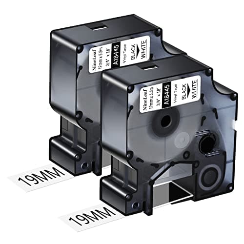 Image of NineLeaf 2 x Compatible for Dymo 18445 IND Black on White 3/4'' 19mm x 5.5m Vinyl Permanent Industrial Label Tape for Rhino 4200 5200 5000 6000 ILP 219 3M PL150 PL200 PL300 Tyco T107M Label Maker