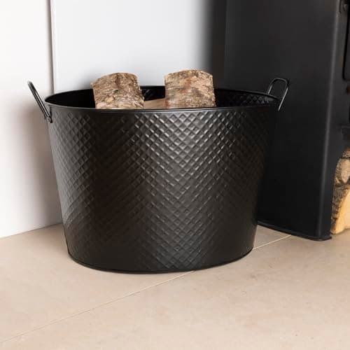 Image of CHARLES BENTLEY Log Bucket, Snug, Willow, Large, Fireside Log Bucket, Iron, Oval Opening, Black Matte Finish, Contemporary, Diamond Embossed Body, Solid Metal Handles, 6KG Log Capacity (53x40x38cm)