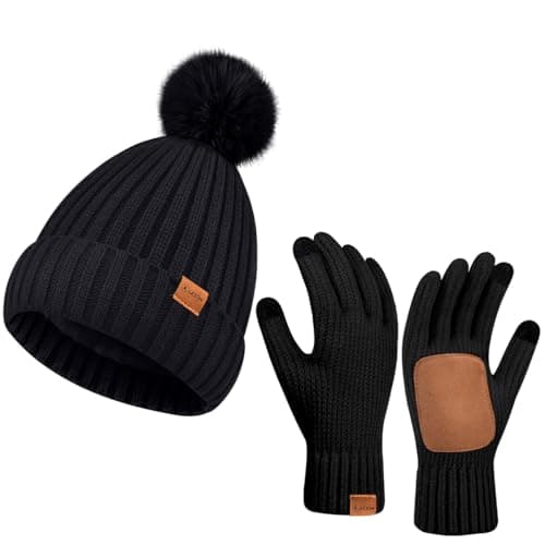 Image of LCZTN FASHION Womens Winter Beanie Hat Fleece Lined with Pom Pom,Warmer Faux Suede Touchscreen Gloves Set (UK, Alpha, One Size, Pure Black)