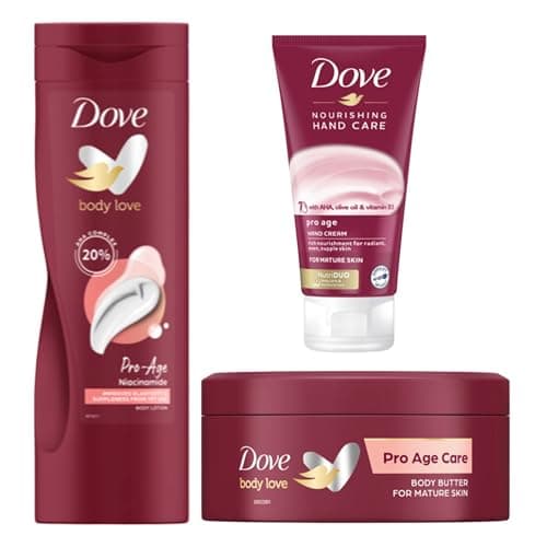 Image of Dove Body Love Pro Age Body Lotion 400 ml + Nourishing Body Care moisturiser 250 ml & Hand Care Hand Cream 75ml