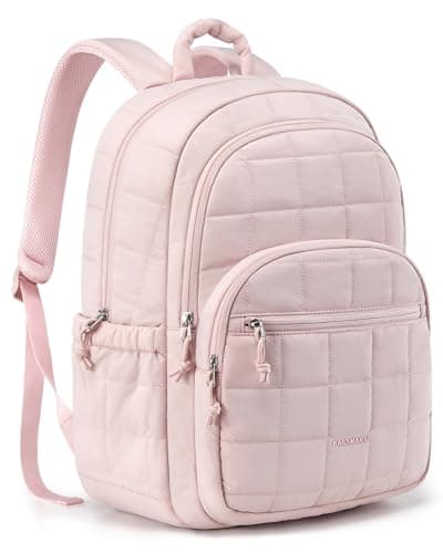 Image of bagsmart College Backpack Women, Travel School Bags Quilted Casual Daypack, Water-Resistant Rucksack Bag for Teenage Girls Boys Lightweight Bookbag for 15.6 Inch Laptop,Pink