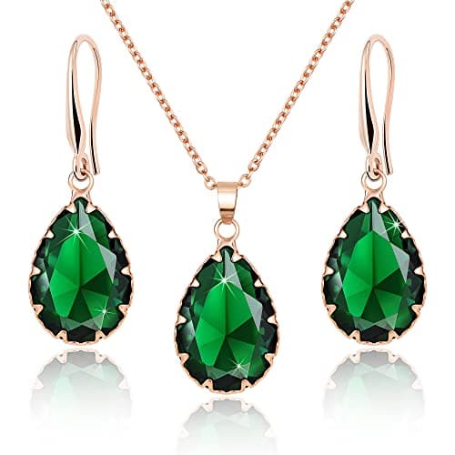 Image of Linawe Emerald Green Crystal Rose Gold Jewellery Sets for Women, Pendant Matching Necklace Set, Imitation Diamond Drop Dangle Teardrop Earrings Set, Rhinestone Jewellery Wedding Bridal Bridesmaid