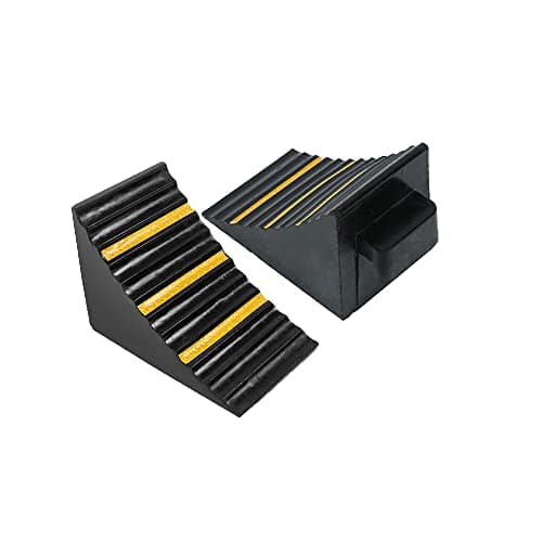Image of tonchean Wheel Chocks 2 PCS Rubber Tyre Saver Heavy Duty Car Wheel Chock Brackets with Handles and Yellow Strips for Cars Travel Trailer Vehicles RV Trucks and ATV, 16 x 25 x 19 cm Black