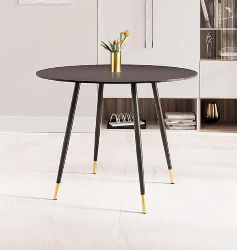 Image of Hallowood Furniture Finley Black Round Dining Table 100cm, Small Round Table with Black Metal Legs for Dining, Breakfast, Coffee, Kitchen, Home Office, and Café Use