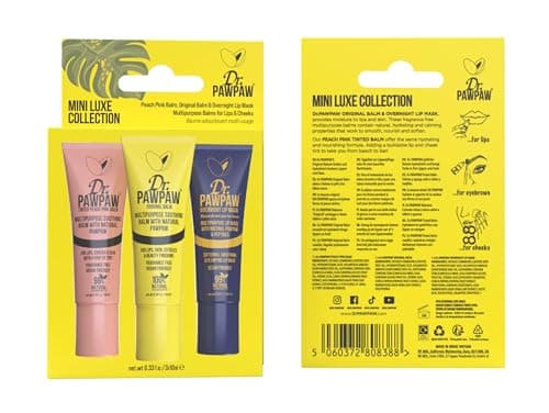 Image of Dr.PAWPAW Mini Luxe Trio Gift Set 3 x 10ml, Original Clear Tinted Peach and Overnight Lip Mask, Multi Purpose Natural Fragrance Free Pawpaw Balm for Lips Skin and Beauty Care