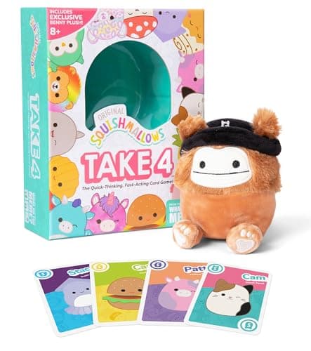 Image of WHAT DO YOU MEME? Squishmallows Take4: The Fast-Paced Family Card Game, Ideal for Boys and Girls 8+, Includes Benny The Bigfoot Squishmallow, Fun Holiday Games
