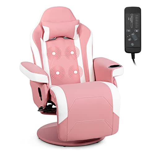 Image of COSTWAY Massage Gaming Chair, Height Adjustable Swivel Racing Video Gaming Recliner with Retractable Footrest, Headrest and Cup Holder, Ergonomic High Back PU Leather Executive Desk Chair (Pink)