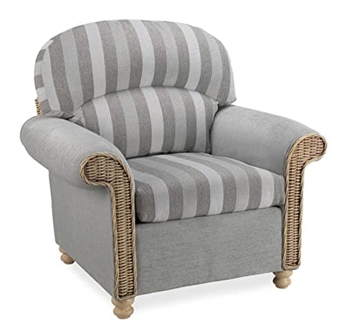 Image of Desser Samford Conservatory Chair – Fully Assembled Armchair with Grey Upholstered Armrests – Luxury Indoor Real Cane Wicker Seat with UK Made Grey Cushions – Duke Grey Stripe and Plain Grey Cushions