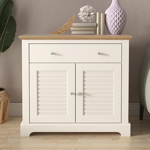 Image of Galano Milan 2 Door 1 Drawer Sideboard – Modern Storage Cabinet with Adjustable Shelves for Living Room, Kitchen or Hallway – Ivory/Oak
