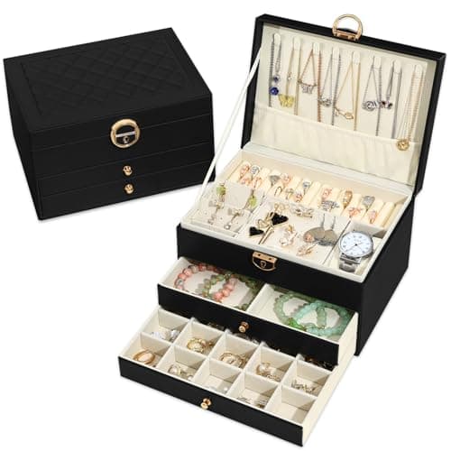 Image of Granbest 3 Layers Jewellery Box with 2 Drawers, Elegant Jewellery Organiser, Leather Jewellery Storage Case Ideal for Necklaces, Bracelets, Rings and Earrings (Black)