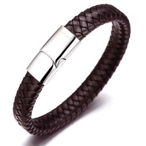 Image of HALUKAKAH ● Solo ● Men's Genuine Leather Bracelet Classic Style Titanium Clasp with Magnets 8.46"(21.5cm) with Free Giftbox(Brown)