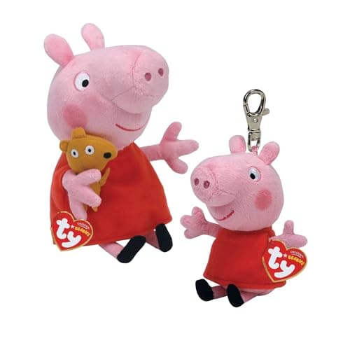 Image of TY Peppa Pig 2-Pack Beanie Baby & Key Clip 14cm – Soft Plush Toys for Kids – Cuddly Character Gift Set – Collectible Peppa Pig Plush