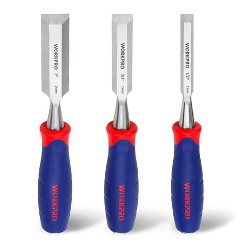 Image of WORKPRO Wood Chisel Set, 3 Pieces Wood Carving Chisels 12 mm, 19 mm, 25 mm, Cr-V Bevel Edge Chisels with Steel Hammer End and Non Slip Handle for Woodworking, Wood Carving and Sculpting