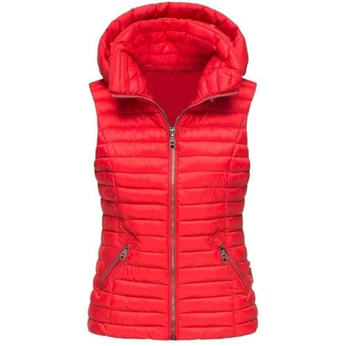 Image of Womens Puffer Gilet with Hood Quilted Vest Padded Outwear Lightweight Bodywarmer Ladies Windproof Full Zip Sleeveless Jacket for Golf Hiking Cycling Running Riding Red L