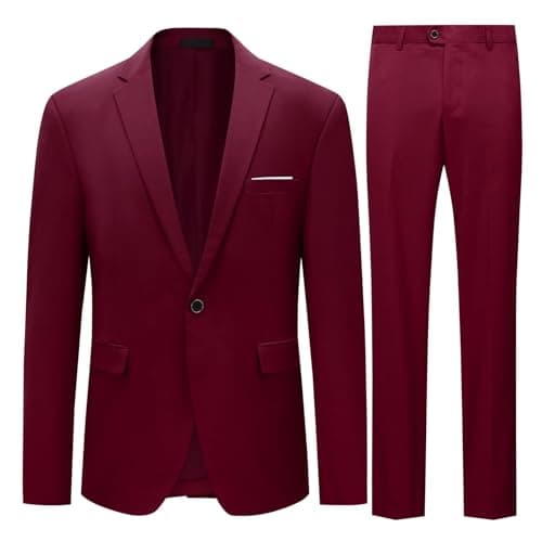 Image of Mens Slim Fit 2 Piece Suit One Button Business Jacket & Trousers, Burgundy, Chest 42(trousers:waist 36)/X-Large