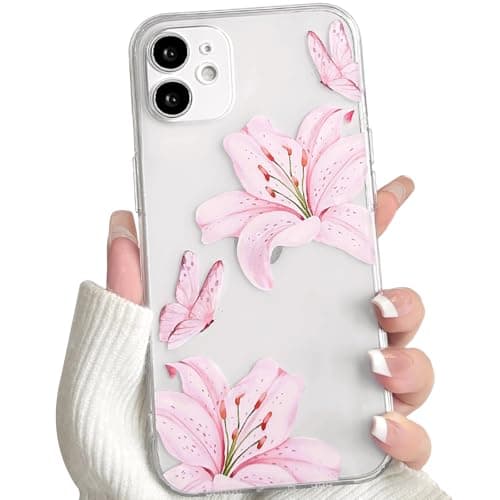 Image of NITITOP Compatible with iPhone 11 Case Clear Cute Flower Floral Lily Butterfly Pattern for Women Girls Transparent Full Camera Lens Soft TPU Shockproof Protective Phone Cover - Pink