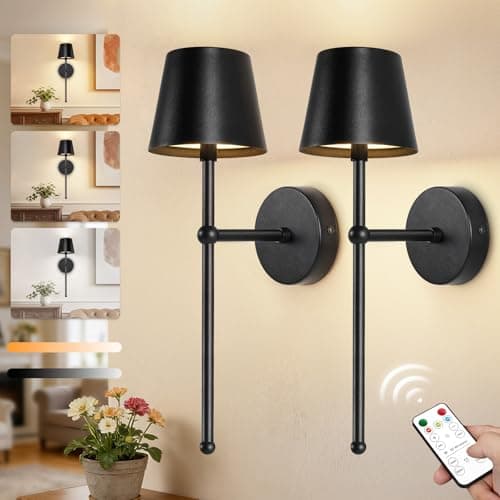 Image of Ketom Rechargeable Wall Lights Set of 2, Battery Operated Wall Lights Black with Remote, 3 Color Temperature & Dimmable, Wireless Sconces for Bedroom Living Room Hallway, Smooth Finish, Long Rod