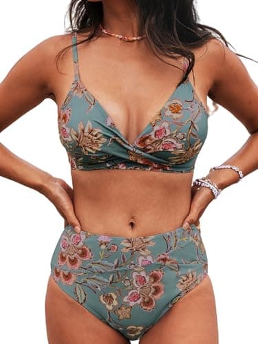Image of CUPSHE Women's Twist Front High Waisted Bikini Set V Neck Padded Two Pieces Bathing Suits Swimsuits Red Floral M