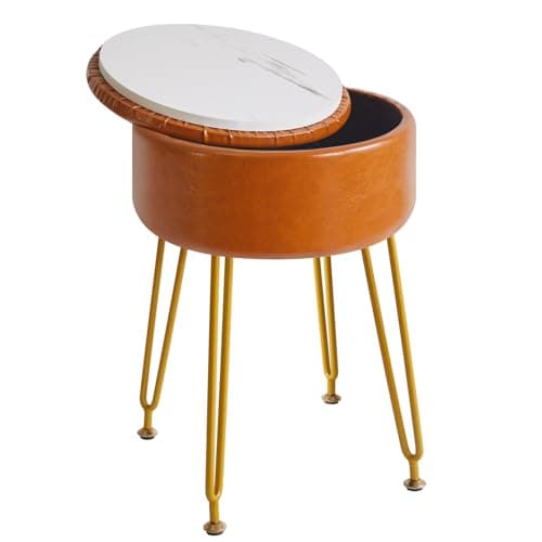 Image of IBUYKE Faux Leather Round Footrest Stool with Storage Ottoman, Makeup Vanity Chair Side Table, PU Dressing Table Seat, Removable Cover, Golden Steel Legs, Light Brown WBD024J