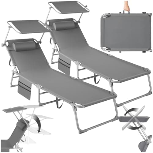 Image of tectake® Set of 2 Folding Sun Loungers - Adjustable 4-Position Backrest with Sun Canopy & Removable Head Cushion, Patio & Garden Chairs with Water-Resistant Cover, Steel Frame & Side Pocket - Grey