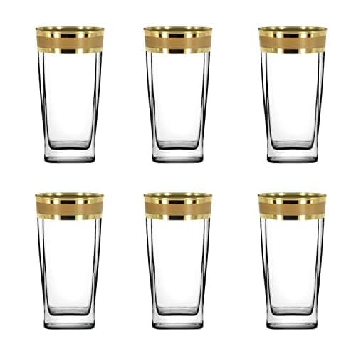 Image of Roman Deluxe Highball Glasses Set of 6/ Drinking Glasses/Clear Coctail Glasses with Gold Wide Patterned Rim/Water Glasses/Juice Glasses/Tumblers/ 310ml/ Gift Set for Women and Men (Modern Pattern)