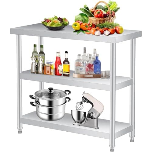 Image of Garvee Stainless Steel Table, Catering Work Table, 36 x 61 x 86cm, 3-Tier Food Prep Work Tables, Heavy Duty Commercial Kitchen Table with Undershelf & Gloves for Restaurant Kitchen Home and Hotel