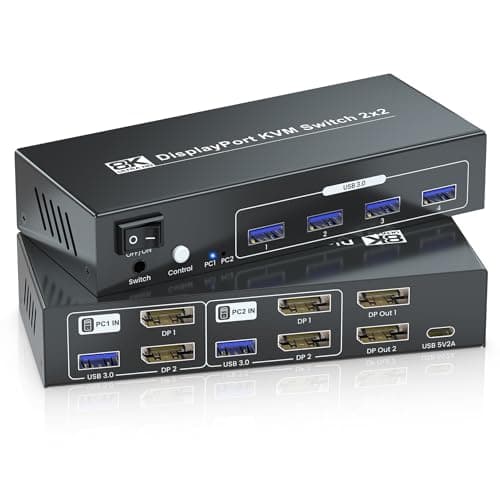 Image of 8K@60Hz Dual Monitor Displayport KVM Switch 2 Monitors 2 Computers, USB 3.0 4K@120Hz DP KVM Switch for 2 PCs Share 2 Monitors and 4 Port USB 3.0 to Connect Keyboard, Mouse, Printer and More