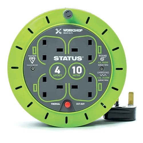 Image of STATUS 4 Socket Cable Reel, 10m, Green, 13 Amp, Heavy Duty, Outdoor Extension Lead, Ideal for Garden, DIY, Workshop, Power Tools, Home Use (S13A4SKT10MCR6)