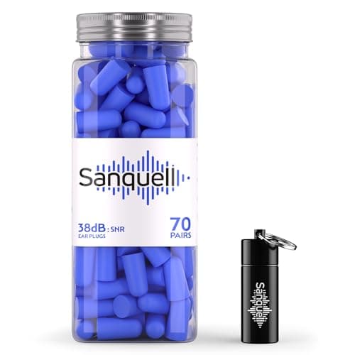 Image of Sanquell Soft Disposable Foam Ear Plugs, 70 Pairs, SNR 38 dB Hearing Protection, Includes Aluminium Case, for Sleep, Travel, Work, and Study - Blue