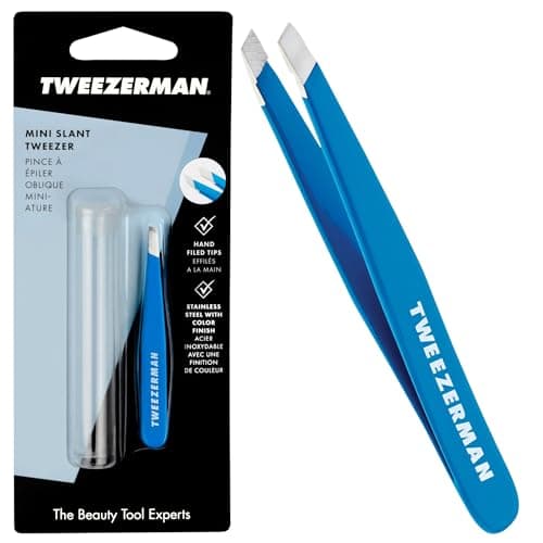 Image of Tweezerman Bahama Blue Mini Slant Tweezer, Professional Stainless Steel Precision Tweezers for Facial Hair and Eyebrows, with Travel Case, (Pack of 1)
