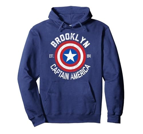 Image of Marvel Comics Retro Classic Captain America Brooklyn Shield Pullover Hoodie, Adult Unisex, Navy Blue, Large
