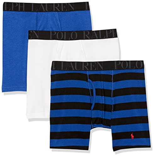 Image of POLO RALPH LAUREN Men's Classic Fit Stretch Boxer Briefs, White/Black & Blue Stripe/Blue-3 Pack, M (Pack of 3)