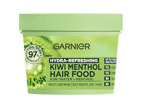 Image of Garnier Hair Food Multi-Use Hair Treatment Mask, Hydrates and Refreshes Oily Roots and Dry Ends, with Kiwi and Menthol, No Silicones for a Natural Feel, Vegan Formula, 400ml