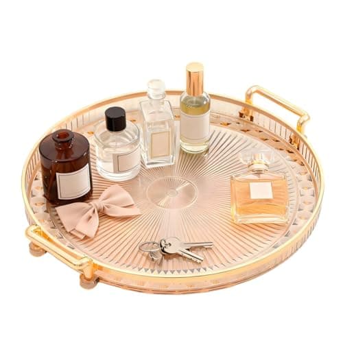 Image of aieieii Gold Trays Decorative, with Handle Round Decorative Tray, Perfume Trays, Durable Drinks Tray Suitable for Storing Fruits Beverages Snacks or Other Items in Family Sized Portions