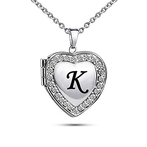 Image of KunBead Jewelry Picture Photo Love Engraved Heart Locket Necklace for Women Letter K Childrens Initial Necklace Silver