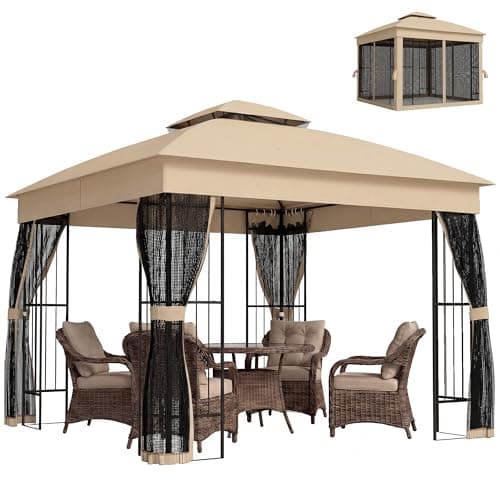 Image of Outsunny 3 x 3 m Outdoor Garden Gazebo with Post Shelves, UPF50+ Double Roof Patio Gazebo Permanent Pavilion Canopy Shelter with Mosquito Netting, Metal Frame, Brown