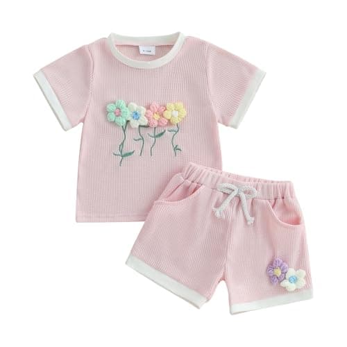 Image of Baby Girl Summer Clothes 3D Flower Embroidery Waffle T Shirt Tops Casual Jogger Shorts Cute 2Pcs Toddler Summer Outfit (Light Pink, 9-12 Months)