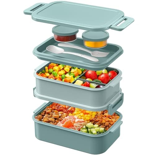 Image of WayEee Lunch Box Adults,2130ml Large Capacity Bento Lunch Box with Compartments, 3 Layers Leak-Proof Bento Box for Office, School(Green)
