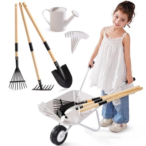 Image of ROBOTIME Kids Metal Wheelbarrow & Planting Tools, 5PC Large Gardening Set with Adjustable Pine Handle, Outdoor Backyard Playset with Watering Can, Rake, Shovel, for Boys & Girls Ages 3+ (Grey Black)