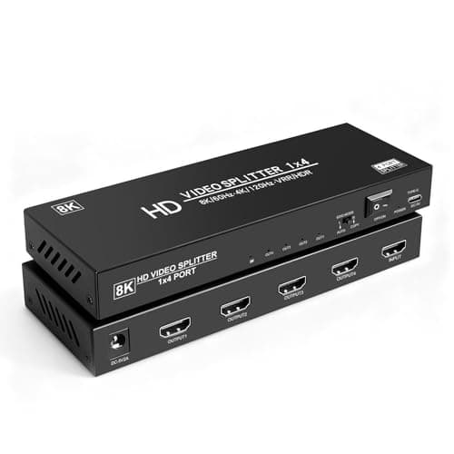 Image of 8K hdmi Splitter 1 in 4 Out, 1x4 hdmi 2.1 Splitter 8K@60Hz 4K@120Hz,48 Gbps,EDID,Auto Down Scaler,HDCP 2.3,VRR,HDR10+,3D,Only Duplication/Mirror Screens (Not Extend) for PS5, Xbox, HDTV, Laptop.