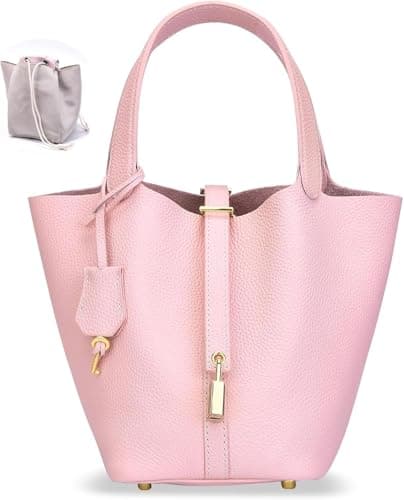 Image of Ladies Handbag - Bucket Bag,Vegetable Basket Shoulder Bag for Travel,Commuter & Student Genuine Leather Design Bucket Bag,Fashionable and Versatile Shoulder Handle Bags Bucket Bags for Women (Pink)