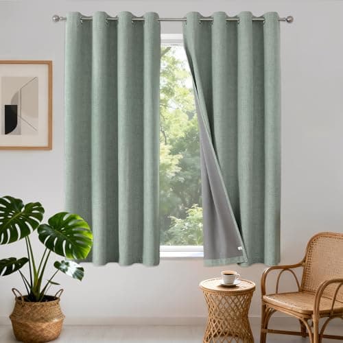 Image of Joydeco 100% Blackout Lined Curtains W66 x L54 Inch, Faux Linen Textured Thermal Insulated Eyelet Short Window Curtains with Coating Back Layer for Living Room Bedroom, Sage Green - 2 Panels