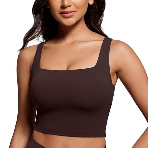 Image of CRZ YOGA Women's Butterluxe Square Neck Sports Bra Padded Wireless Crop Top Gym Workout Tank Tops Camisole with Built in Bra Hot Fudge Brown 6