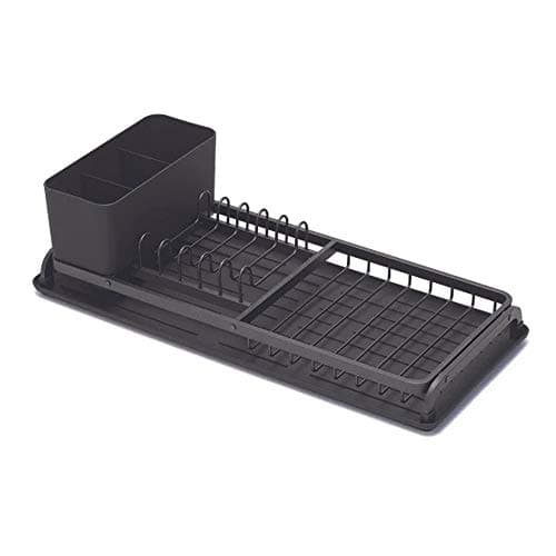 Image of Brabantia Dish Drying Draining Rack (Compact/Light Grey) Easy-Clean Drip Tray & Removable Cutlery Basket, Corrosion-Resistant Aluminium Rack, 20 x 46 cm