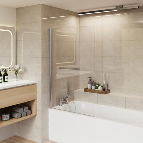 Image of Aquariss 800x1400 Square Pivot Bath Shower Screen 6mm Easy Clean Glass Screen Reversible Door Panel Chrome with Towel Rail