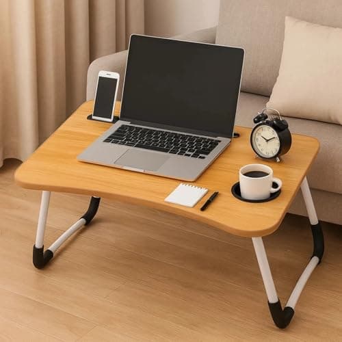 Image of Laptop Bed Table with Cup Holder – Folding Lap Desk for Sofa, Breakfast Tray & Notebook Stand (60x40x26cm) (Oak Wood)