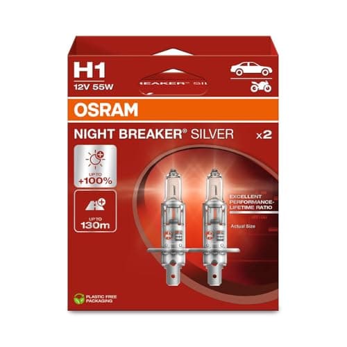 Image of OSRAM NIGHT BREAKER® SILVER, H1, halogen headlight lamps, Hanging folding box (2 lamps)